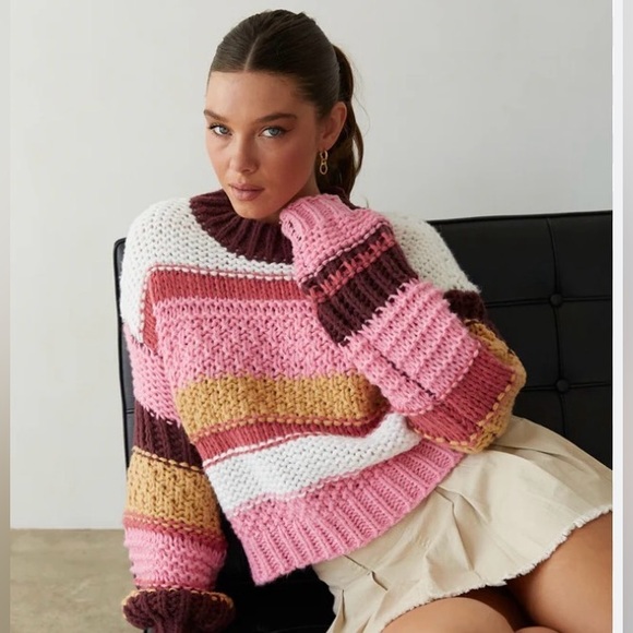 American Threads Sweaters - American Threads Pink and Brown Striped Sweater